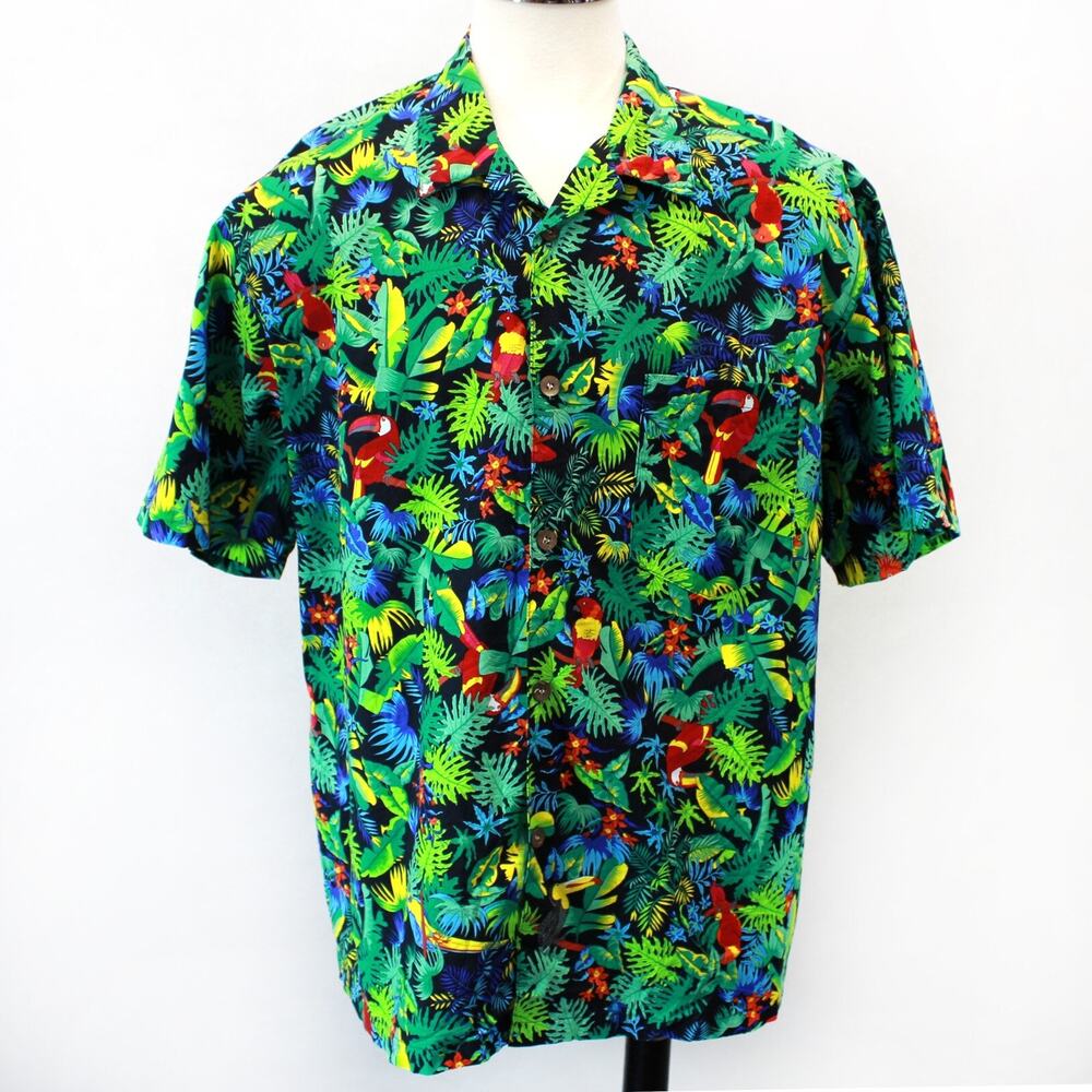 Toucan Dance by Fast Laine tropical Hawaiian button up camp shirt 2X Made in USA